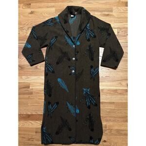 Vintage Mazmanian Women’s Small Aztec Feather Print Long Jacket Brown USA 46”